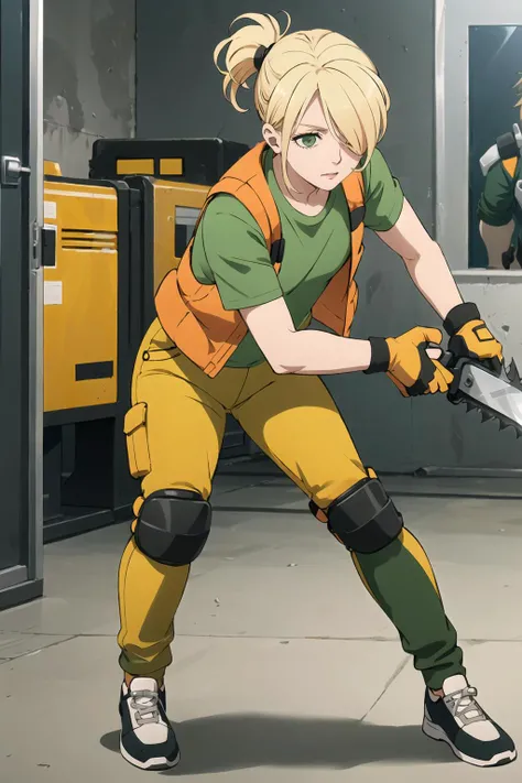 (masterpiece,best quality),1girl,hlmalex,((solo)),t-shirt.blonde hair,green shirt,green pants,(,elbow pads:1.2),knee pads,vest,orange jacket,ponytail,hair over one eye,full body,action shot,wincing,(holding chainsaw),fingerless gloves,indoors,in skyscraper office,<lora:AlexHLM:0.7>, <lora:LORA-XenoDetailer-v2:0.2>