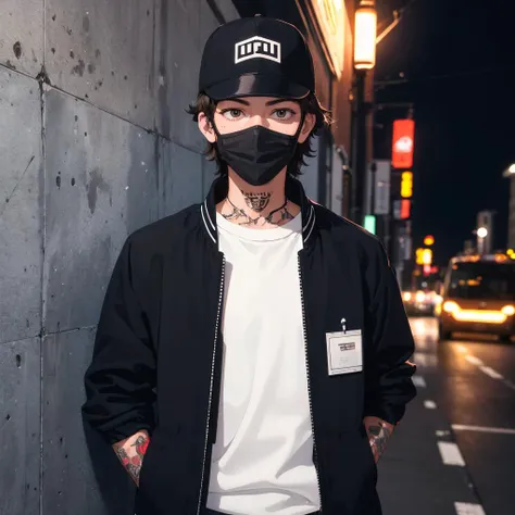 1boy, 22 year old man leaning against the wall, masterpiece, best quality, high quality, absurdres, 4K, highly detailed, high detailed faces, bright eyes, streets of Tokyo, ((nightime:1.3)), smile, crossed arms, looking at viewer, dad cap, converse, black crossbody bag, (white undershirt and black coach jacket:1.2) (face mask:1.1), tattoo,  two tone lighting, dimly lit, low key <lora:epiNoiseoffset_v2:1>