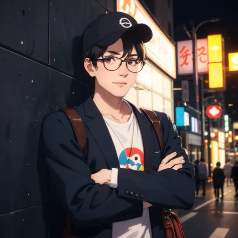 1boy, 22 year old man leaning against the wall, masterpiece, best quality, high quality, absurdres, 4K, highly detailed, high detailed faces, bright eyes, streets of Tokyo, ((nightime:1.3)), smile, crossed arms, looking at viewer, dad cap, ((circle glasses:1.1)), converse, black crossbody bag, (face mask:1.1), two tone lighting, dimly lit, low key <lora:epiNoiseoffset_v2:1>