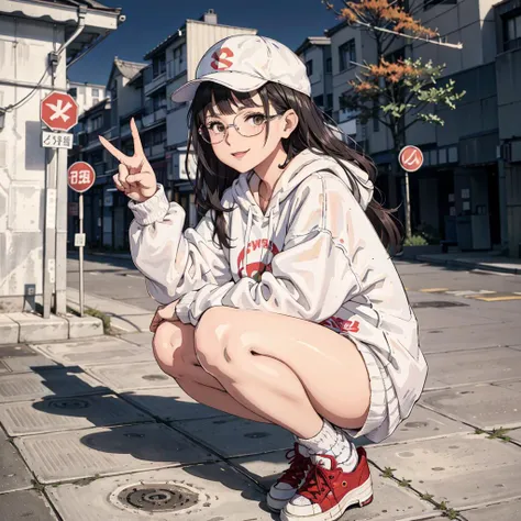 1girl, masterpiece, best quality, high quality, absurdres, 4K, highly detailed, high detailed faces, bright eyes,soft_lighting, natural lighting, streets of Tokyo, autumn \(season\), daytime, squatting, smile,  (peace sign:1.1), dutch angle, looking at viewer, dad cap, circle glasses, converse,  <lora:oversized_sweater:0.6> oversized_hoodie