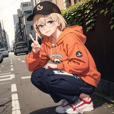 1girl, 22 year old masterpiece, best quality, high quality, absurdres, 4K, highly detailed, high detailed faces, bright eyes,soft_lighting, natural lighting, streets of Tokyo, autumn \(season\), daytime, squatting, smile, (peace sign:1.1), dutch angle, looking at viewer, dad cap, circle glasses, converse, <lora:hoodiesLoraVersion_v10:0.6> hoodie, wearing a hoodie,