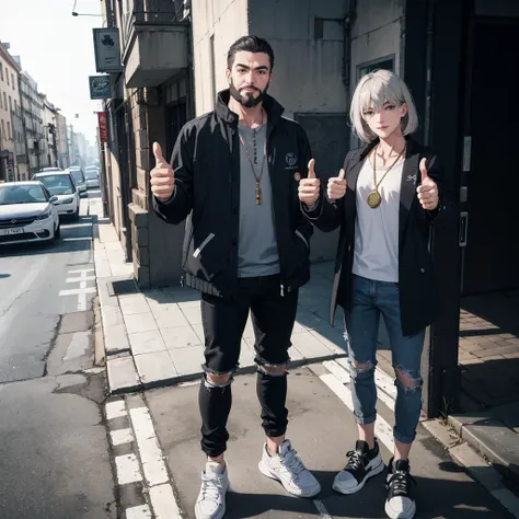 masterpiece,best quality, high quality, absurdres, 4K, highly detailed, high detailed faces, bright eyes, (standing up:1.1), (beard:1.1) smirk, soft_lighting, natural lighting, ((1boy)), guy with grey hair, (black coach jacket:1.1), black ripped jeans,( black sneakers:1.1), gold chain, wrist watch, (thumbs up:1.3), streets of berlin, spring \(season\), daytime