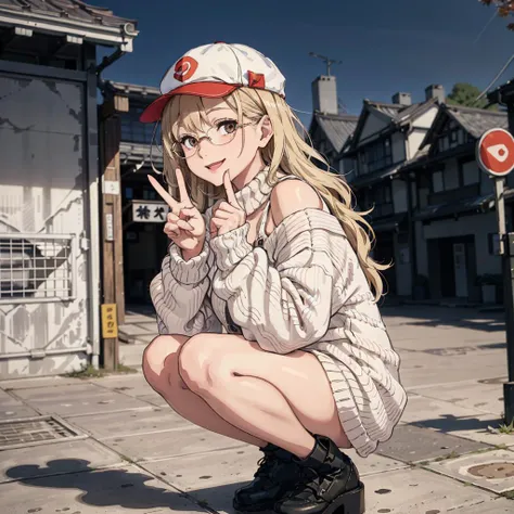 1girl, masterpiece, best quality, high quality, absurdres, 4K, highly detailed, high detailed faces, bright eyes,soft_lighting, natural lighting, streets of Tokyo, autumn \(season\), daytime, squatting, smile, (peace sign:1.1), dutch angle, looking at viewer, dad cap, circle glasses <lora:oversized_sweater:0.6> oversized_sweater