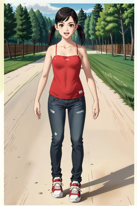 1girl,katiesa,standing,looking at viewer,twintails,camisole,bare shoulders,jeans,sneakers,full body,happy,:d,((arms at sides)),in suburban backyard,detailed background,(masterpiece,best quality:1.2), <lora:KatieSA:0.6>, <lora:LORA-XenoDetailer-v2:0.1>