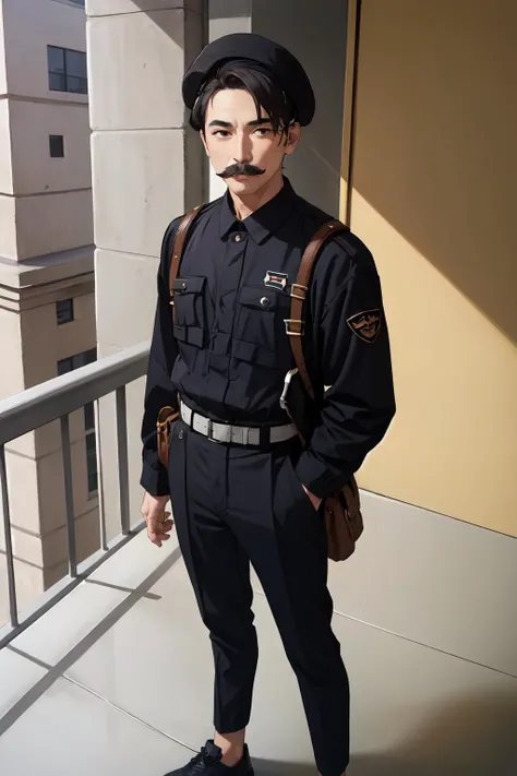 (masterpiece,best quality:1.2),1boy,((solo)),mideastelite,mustache,short black hair,standing,jacket,pants,beret,looking at viewer,in palace,((on balcony)), <lora:MideastElite:0.75>, <lora:LORA-XenoDetailer-v2:0.1> ,
