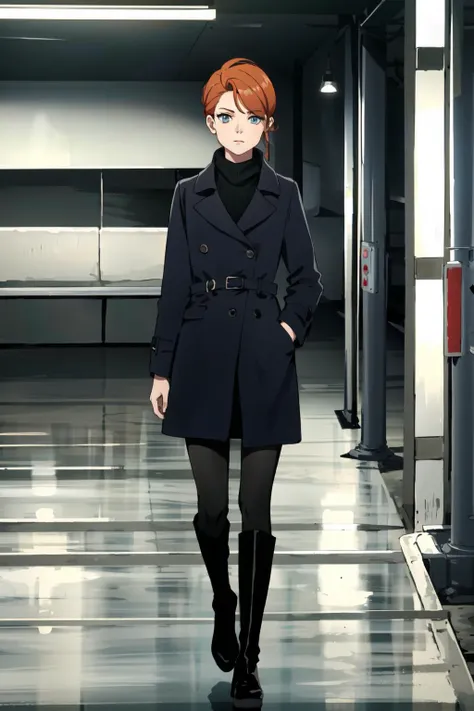 1girl,dianab,long auburn hair,standing,wearing black overcoat,pantyhose,boots,solo,full body,looking at viewer,stern face,in underground parking garage, <lora:DianaB:0.9>, <lora:LORA-XenoDetailer-v2:0.1>