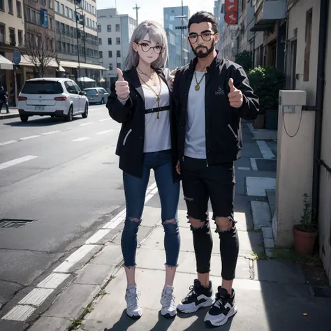 masterpiece,best quality, high quality, absurdres, 4K, highly detailed, high detailed faces, bright eyes, (standing up:1.1), (beard:1.1) smirk, soft_lighting, natural lighting, ((1boy)), guy with grey hair, (circle glasses:1.1), (black coach jacket:1.1), black ripped jeans,( black sneakers:1.1), gold chain, wrist watch, (thumbs up:1.3), streets of berlin, spring \(season\), daytime