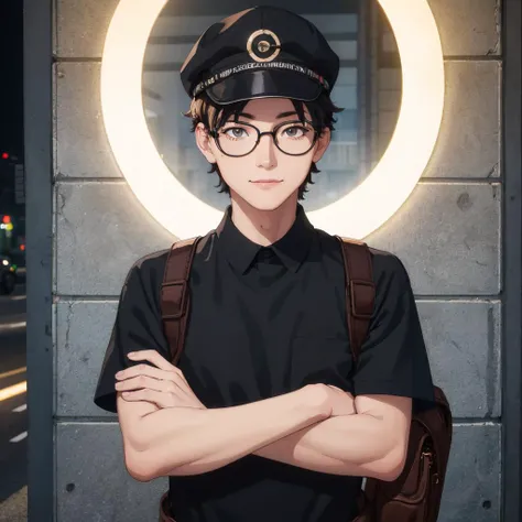 1boy, 22 year old man leaning against the wall, masterpiece, best quality, high quality, absurdres, 4K, highly detailed, high detailed faces, bright eyes, streets of Tokyo, ((nightime:1.3)), smile, crossed arms, looking at viewer, dad cap, ((circle glasses:1.1)), converse, black crossbody bag, (face mask:1.1), two tone lighting, dimly lit, low key <lora:epiNoiseoffset_v2:1>