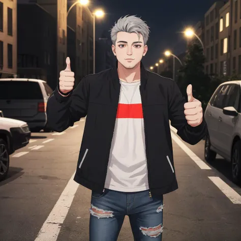 masterpiece,best quality, high quality, absurdres, 4K, highly detailed, soft_lighting, 1boy, guy with grey hair, black coach jacket, black ripped jeans, black sneakers, (thumbs up:1.3), streets of berlin