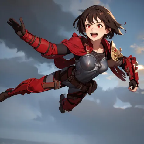 (masterpiece,best quality:1.2),bellonasmite,(solo),1girl,dark brown hair,red eyes,solo,armor,breastplate,shoulder armor,red cape,belt,:d,happy,full body,skydiving,falling,wide shot,outdoors,grey skies,(bangs,freckles),((bodysuit)) ,<lora:bellonasmite:0.9>, <lora:LORA-XenoDetailer-v2:0.1>