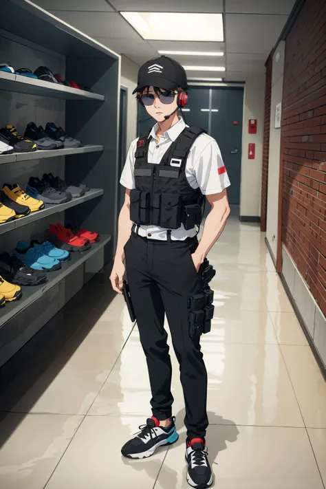 1boy,standing,polo shirt,bulletproof vest, tactical gear,facing viewer,dress pants,sunglasses,baseball cap,(headset,headphones:1.2),holster,full body,sneakers,short hair,brown hair,((indoors,in palace)),