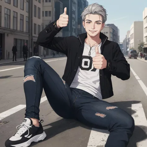 masterpiece,best quality, high quality, absurdres, 4K, highly detailed, high detailed faces, bright eyes, smirk, soft_lighting, natural lighting, 1boy, guy with grey hair, black coach jacket, black ripped jeans, black sneakers, (thumbs up:1.3), streets of berlin, spring \(season\), daytime