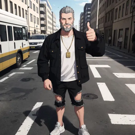 masterpiece,best quality, high quality, absurdres, 4K, highly detailed, high detailed faces, bright eyes, (standing up:1.1), (beard:1.1) smirk,  soft_lighting, natural lighting, ((1boy)), guy with grey hair, (black coach jacket:1.1), black ripped jeans, black sneakers, gold chain, wrist watch, (thumbs up:1.3), streets of berlin, spring \(season\), daytime