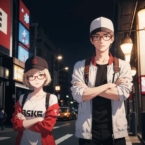 1boy, 22 year old man leaning against the wall, masterpiece, best quality, high quality, absurdres, 4K, highly detailed, high detailed faces, bright eyes, streets of Tokyo, ((nightime:1.3)), smile, crossed arms, looking at viewer, dad cap, ((circle glasses:1.1)), converse, black crossbody bag, (white undershirt and red coach jacket:1.2) (face mask:1.1), two tone lighting, dimly lit, low key <lora:epiNoiseoffset_v2:1>