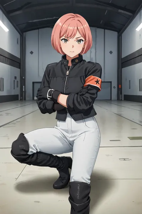 1girl,((solo)),k4r3nh41r,short hair,(coral colored hair),femaleguarduniform,rolling sleeves up,black jacket,leather,leather jacket,zipper,armband,gloves,black gloves,pants,white pants,boots,knee boots,high heels,high heel boots,black footwear,pants tucked in,holster,cowboy shot,crossed arms,((in futuristic hangar)), <lora:PD_Female_Guard_Uniform_V1.0:0.55> ,<lora:k4r3nh41r-v2:1>