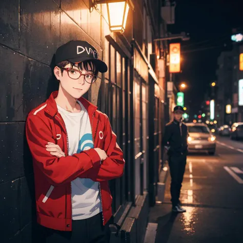 1boy, 22 year old man leaning against the wall, masterpiece, best quality, high quality, absurdres, 4K, highly detailed, high detailed faces, bright eyes, streets of Tokyo, ((nightime:1.3)), smile, crossed arms, looking at viewer, dad cap, ((circle glasses:1.1)), converse, black crossbody bag, (white undershirt and red coach jacket:1.2) (face mask:1.1), two tone lighting, dimly lit, low key <lora:epiNoiseoffset_v2:1>