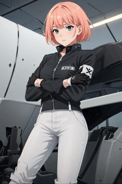1girl,short hair,(coral colored hair),femaleguarduniform,rolling sleeves up,black jacket,leather,leather jacket,zipper,armband,gloves,black gloves,pants,white pants,boots,knee boots,high heels,high heel boots,black footwear,pants tucked in,holster,cowboy shot,crossed arms,((in futuristic hangar)), <lora:PD_Female_Guard_Uniform_V1.0:0.55>