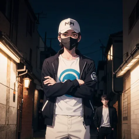 1boy, 22 year old man leaning against the wall, masterpiece, best quality, high quality, absurdres, 4K, highly detailed, high detailed faces, bright eyes, streets of Tokyo, ((nightime:1.3)), smile, crossed arms, looking at viewer, dad cap, converse, black crossbody bag, (white undershirt and black coach jacket:1.2) (face mask:1.1), tattoo,  two tone lighting, dimly lit, low key <lora:epiNoiseoffset_v2:1>