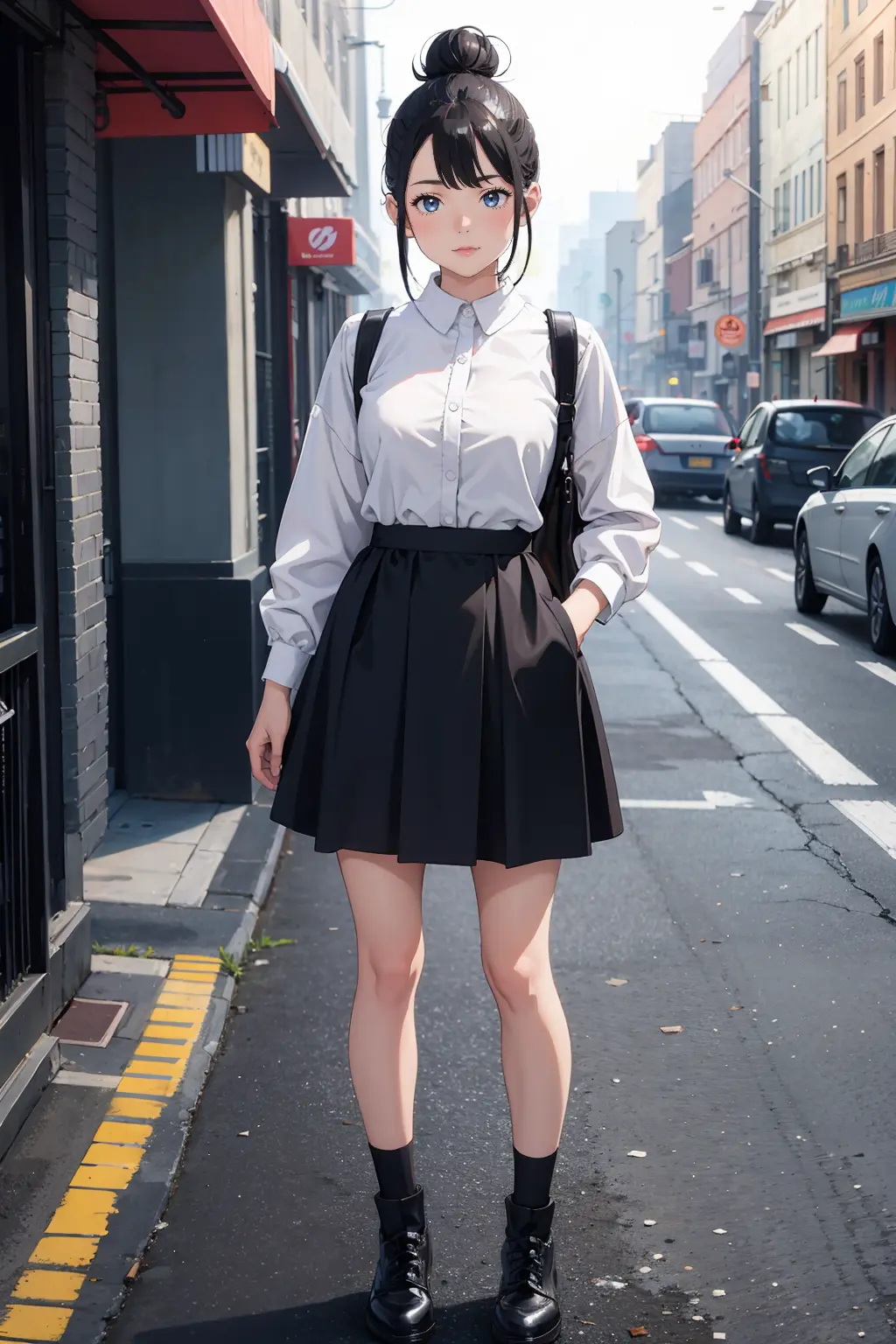 masterpiece, best quality,standing, black hair bun,cold face, full body,happy,light effect, soft, super clear, high-definition picture, (front),outdoors,