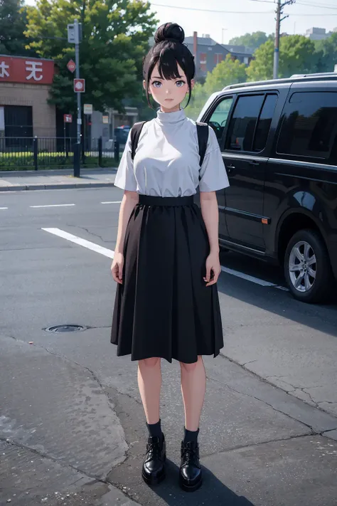 masterpiece, best quality,standing, black hair bun,cold face, full body,happy,light effect, soft, super clear, high-definition picture, (front),outdoors,