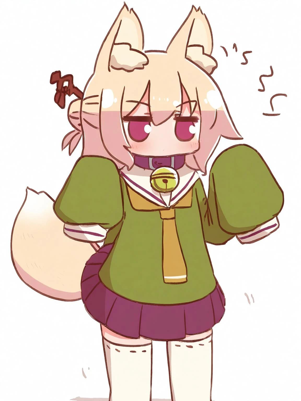 <lora:kemomimi_xl_lion:1>kemomimi, (realistic:1.2)
,1girl, solo, neck bell, collar, skirt, thighhighs, ribbon-trimmed legwear, fox tail, sleeves past wrists, bell, sleeves past fingers, purple skirt, white background, green shirt, blonde hair, brown collar, shirt, pleated skirt, jingle bell, fox girl, long sleeves, single hair bun, white thighhighs, ribbon trim, flat chest, sailor collar, blush, white sailor collar, simple background, looking away, orange necktie, necktie, notice lines, tail raised, cowboy shot, hand up, standing