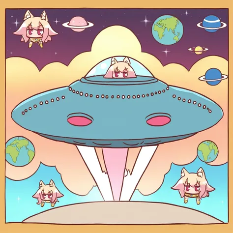 <lora:kemomimi_xl_lion:1>kemomimi ,objectification,Kemomimi personating as UFO.guided missiles,Space, planets,Flesh Gordon
