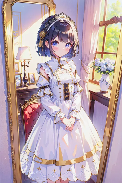 sle, masterpiece, detailed background, mksks style,
1girl, porcelain_hair, china_doll,
victorian_room, lace_curtains, old_mirror,
(dress/antique/white), porcelain_mask,