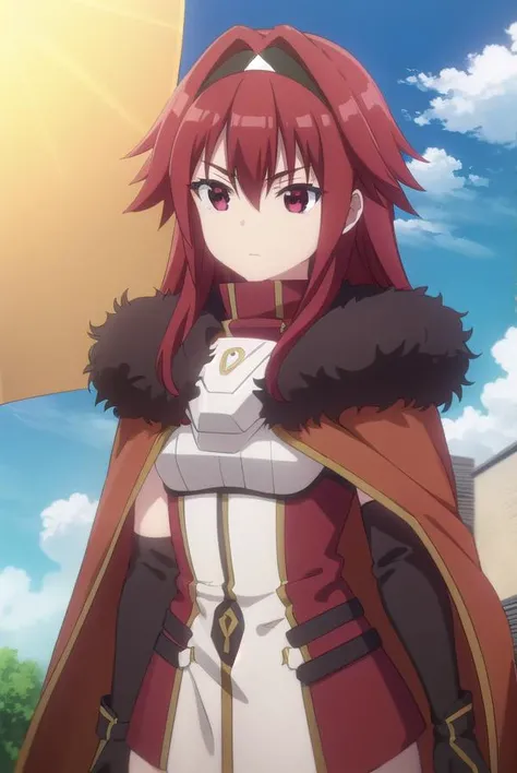 bofurimii, <lora:bofuri mii s2-lora-nochekaiser:1>,
mii, long hair, bangs, (red eyes:1.3), hair between eyes, sidelocks, red hair, hairband, black hairband,
BREAK gloves, black gloves, cape, armor, fur trim, red cape,
BREAK outdoors, forest, nature, sky, sun, clouds,
BREAK looking at viewer,
BREAK <lyco:GoodHands-beta2:1>, (masterpiece:1.2), best quality, high resolution, unity 8k wallpaper, (illustration:0.8), (beautiful detailed eyes:1.6), extremely detailed face, perfect lighting, extremely detailed CG, (perfect hands, perfect anatomy),