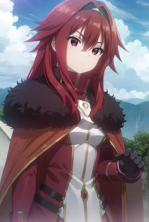 bofurimii, <lora:bofuri mii s2-lora-nochekaiser:1>,
mii, long hair, bangs, (red eyes:1.3), hair between eyes, sidelocks, red hair, hairband, black hairband,
BREAK gloves, black gloves, cape, armor, fur trim, red cape,
BREAK outdoors, forest, nature, sky, sun, clouds,
BREAK looking at viewer,
BREAK <lyco:GoodHands-beta2:1>, (masterpiece:1.2), best quality, high resolution, unity 8k wallpaper, (illustration:0.8), (beautiful detailed eyes:1.6), extremely detailed face, perfect lighting, extremely detailed CG, (perfect hands, perfect anatomy),