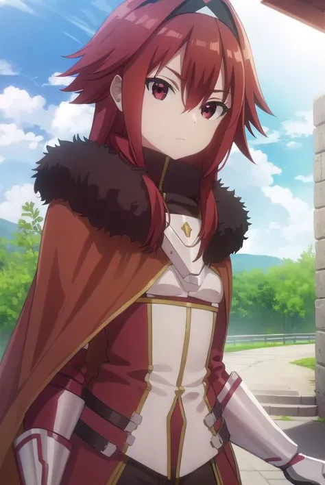 bofurimii, <lora:bofuri mii s2-lora-nochekaiser:1>,
mii, long hair, bangs, (red eyes:1.3), hair between eyes, sidelocks, red hair, hairband, black hairband,
BREAK gloves, black gloves, cape, armor, fur trim, red cape,
BREAK outdoors, forest, nature, sky, sun, clouds,
BREAK looking at viewer,
BREAK <lyco:GoodHands-beta2:1>, (masterpiece:1.2), best quality, high resolution, unity 8k wallpaper, (illustration:0.8), (beautiful detailed eyes:1.6), extremely detailed face, perfect lighting, extremely detailed CG, (perfect hands, perfect anatomy),