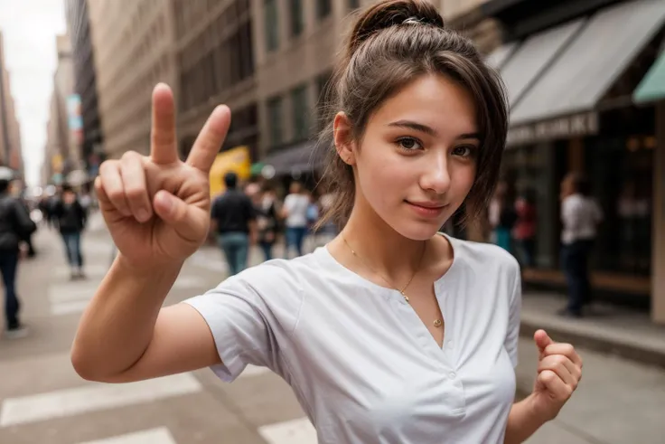 photo of a 18 year old girl,rock paper scissors,happy,looking at viewer,shirt,pants,outdoor,windy,street,crowded,new york,ray tracing,detail shadow,shot on Fujifilm X-T4,85mm f1.2,depth of field,blurry background,bokeh,motion blur,<lora:add_detail:1>,