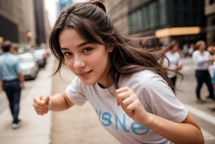 photo of a 18 year old girl,rock paper scissors,happy,looking at viewer,shirt,pants,outdoor,windy,street,crowded,new york,ray tracing,detail shadow,shot on Fujifilm X-T4,85mm f1.2,depth of field,blurry background,bokeh,motion blur,<lora:add_detail:1>,