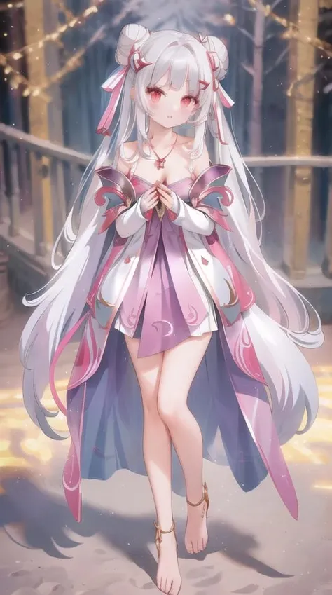 (masterpiece, best quality, ultra high res),
, solo,blush, above the thighs, 1girl,silver hair,off shoulder,red eyes,long hair,double bun,hair ornament,necklace, standing,full body, simple background, <lora:change_20230702214304:1>
