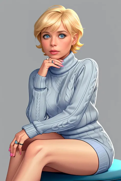 ingridsteeger, looking at viewer, short hair, blue eyes, blonde hair, jewelry, sitting, grey background, feet, sweater, lips,  ring, realistic, wedding ring, pink sweater,
<lora:IngridSteeger:1>