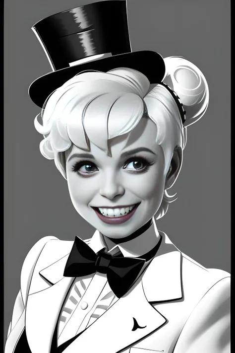 ingridsteeger, looking at viewer, smile, short hair, hat, bow, monochrome, upper body, greyscale, teeth, bowtie, grin, curly hair, top hat, realistic
<lora:IngridSteeger:1>