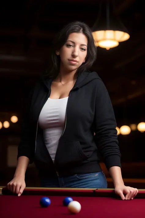 portrait of DEN_jana_defi,
playing snooker in a dark atmospheric pool hall wearing casual clothing and a hoodie, atmospheric, snooker, cue, playing snooker, leaning over the table,
bokeh, f1.4, 40mm, photorealistic, raw, 8k, textured skin, skin pores, intricate details  <lora:epi_noiseoffset2:1>, epiCRealism  <lora:ClothingAdjuster3:-0.8>