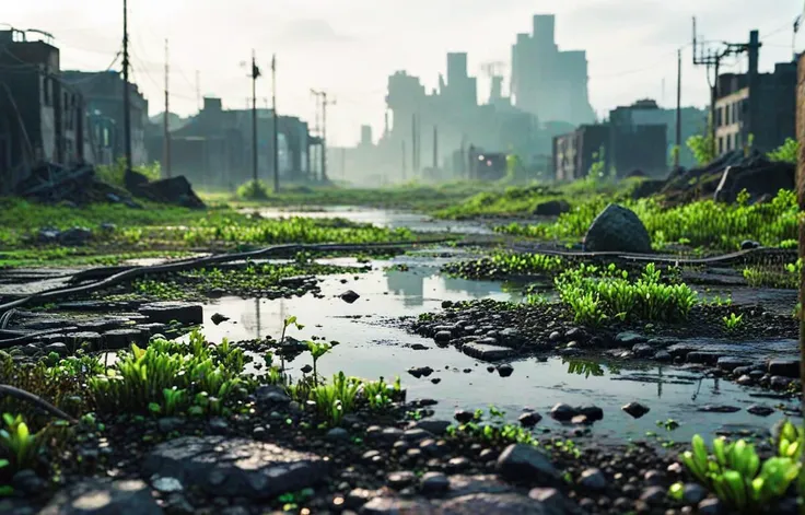 Gl1tchBasalt, abandoned city landscape, Photorealistic 3D game concept with extraterrestrial landscape with ground made of voronoi-shaped prismatic voxels and with low-poly early evening abandoned decaying  urban landscape flooded with dense milky-green fog laying on the ground.( Shallow depth of field, strong swirly bokeh effect, volumetric lighting, light caustics, sun flares, light leaks and subsurface light scattering:1.15) are emphasizing the surreal pleasant intricate picture.
BREAK (shallow depth of field, smooth background with strong swirly bokeh effect:1.25)