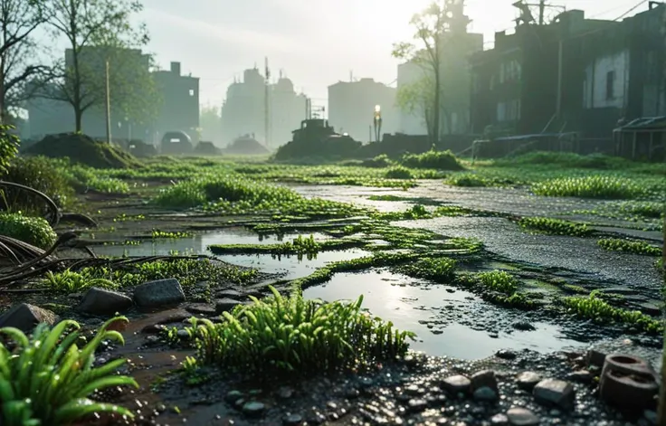 Gl1tchBasalt, abandoned city landscape, Photorealistic 3D game concept with extraterrestrial landscape with ground made of voronoi-shaped prismatic voxels and with low-poly early evening abandoned decaying  urban landscape flooded with dense milky-green fog laying on the ground.( Shallow depth of field, strong swirly bokeh effect, volumetric lighting, light caustics, sun flares, light leaks and subsurface light scattering:1.15) are emphasizing the surreal pleasant intricate picture.
BREAK (shallow depth of field, smooth background with strong swirly bokeh effect:1.25)