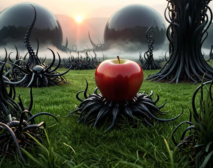 APPLE APPLE APPLE. Imagine a surreal (macro world:1.1) where (a colossal, half-eaten apple dominates the foreground:1.2), its glossy red skin glistening with morning dew. (Towering blades of grass:1.1) stretch skyward (like verdant skyscrapers:1.1), filtering golden sunlight that casts long, ethereal shadows. Through (a gossamer veil of mist:1.1), (a swarm of miniature xenomorphs:1.2) emerges â their obsidian exoskeletons gleaming as (they surge towards the fruit in a terrifying zerg rush:1.3). (The alien brood:1.1), (no larger than ants:1.2), skitters across the (apple's flesh:1.2) with predatory intent, their elongated heads and barbed tails a stark contrast to the lush, overgrown landscape. Tendrils of mist curl around the scene, blurring the line between reality and fevered imagination in this microscopic battlefield of nature versus alien invader.
BREAK This photograph showcases a captivating 3-D game concept rendered with a photoorealistic quality. The visual style is characterized by a voxelized, low-poli approach, which lends a unique texture and depth to the scene. The sharp edges and the voronoi pattern give the objects a distinct geometric feel, while the overall color palette is dominated by deep reds and blacks, creating a moody and atmospheric setting. The lighting is strategically placed to accentuate the depth and dimension of the scene, with the warm glow emanating from the spherical object in the center, casting a soft illumination on the surrounding structures. The meticulous attention to detail in the rendering is evident in the intricate textures and the play of light and shadow, making the scene both visually stunning and immersive.
BREAK  <lora:epiCRealismHelper:0.17> <lora:- SDXL - vanta-black_contrast_V3.0:0.5> <lora:sss:0.4> <lora:Meostigmat_f1.7_100mm:0.33> <lora:Voronoiya_XL_v2_E17:0.45> <lora:Gl1tchBasalt-000021:0.33> Gl1tchBasalt