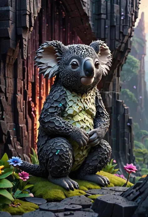 fantasy concept art, whimsical fairy tale elements, (Koala: 1.1), intricate details, ultra sharp, Exquisite detail, flawless composition, vivid colors, masterpiece, <lora:Voronoi_lowpoly_2:0.8> voronoi, basalt columns, pixelized, voxels