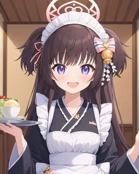 shizuko \(blue archive\),1girl, wa_maid, maid_headdress, solo, open_mouth, looking_at_viewer, maid_apron, hair_ornament, two_side_up, holding_plate, kimono, smile, blush, bow, indoors, cafe
<lora:shizuko_(blue_archive)_image495_2023-11-28:1>halo. gorgeous,key visual, vibrant, studio anime,award-winning, professional, highly detailed,high budget, cinemascope