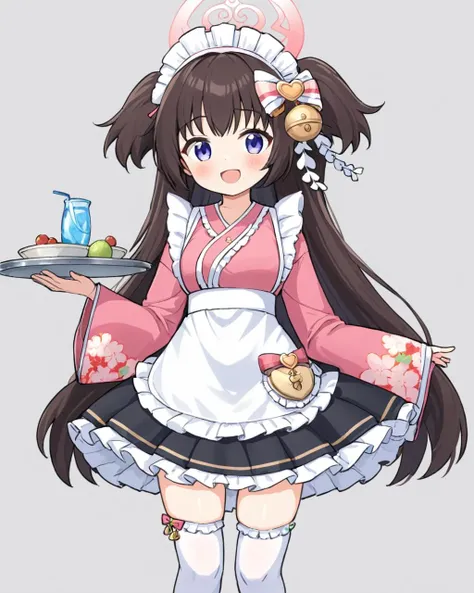 shizuko \(blue archive\),1girl, solo, maid_headdress, white_background, two_side_up, floral_print, simple_background, halo, holding_tray, open_mouth, frilled_apron, white_thighhighs, wa_maid, wide_sleeves, pink_bow, looking_at_viewer, blush, long_sleeves, pink_kimono, white_apron, hair_bow, petals, black_skirt, medium_breasts, :d, waist_apron, ribbon, frilled_skirt, upper_teeth_only, hair_bell
<lora:shizuko_(blue_archive)_image111_batch3_v1:1>,halo,. gorgeous,key visual, vibrant, studio anime,award-winning, professional, highly detailed,high budget, cinemascope