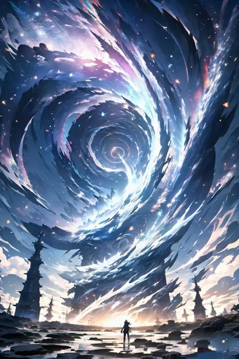 EpicSky, solo, standing, outdoors, sky, cloud, from_behind, sunlight, cloudy_sky, star_(sky), scenery, light_particles, 1other, starry_sky, fantasy, silhouette, ambiguous_gender
<lora:EpicSky-000006:0.8>, (masterpiece,best quality:1.5)