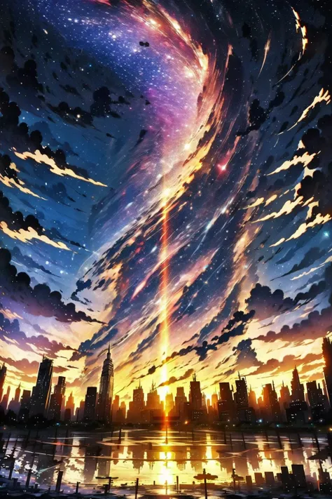 EpicSky, outdoors, sky, cloud, water, no_humans, cloudy_sky, building, star_(sky), scenery, lens_flare, starry_sky, reflection, sunset, city, cityscape, skyscraper, city_lights, diffraction_spikes
<lora:EpicSky-000006:0.8>, (masterpiece,best quality:1.5)