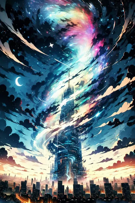 EpicSky, outdoors, sky, cloud, no_humans, night, cloudy_sky, building, star_(sky), night_sky, scenery, starry_sky, city, fantasy, cityscape, skyscraper, city_lights
<lora:EpicSky-000006:0.8>, (masterpiece,best quality:1.5)