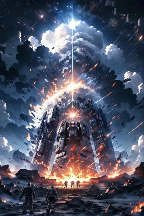 EpicSky, standing, outdoors, multiple_boys, sky, cloud, night, cloudy_sky, fire, robot, star_(sky), scenery, starry_sky, science_fiction, ruins
<lora:EpicSky-000006:0.8>, (masterpiece,best quality:1.5)