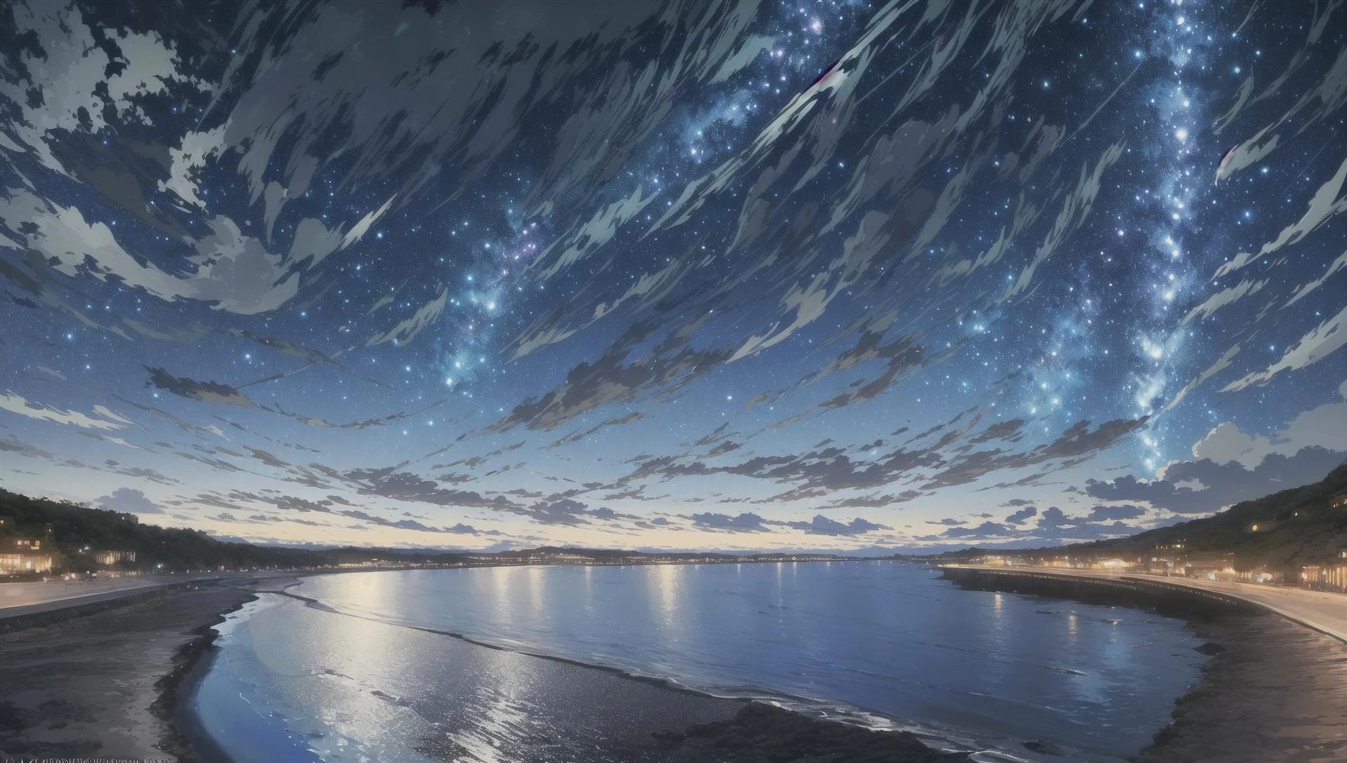 ((masterpiece:1.4,best quality)), outdoors, cliffed coast, white cliff, scenery, (sky:1.3),
(night:1.8),moon, high detail, 8k, blue moon reflection, ocean, caustic, high detail, wallpaper,
<lora:EpicSky:0.3>,