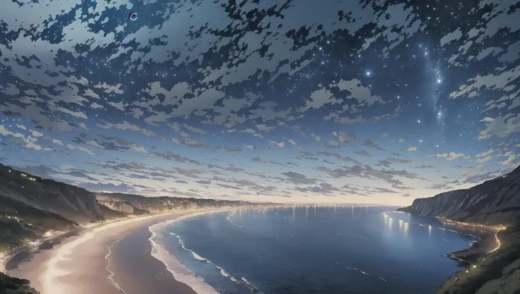 ((masterpiece:1.4,best quality)), outdoors, cliffed coast, white cliff, scenery, (sky:1.3),
(night:1.8),moon, high detail, 8k, blue moon reflection, ocean, caustic, high detail, wallpaper,
<lora:EpicSky:0.3>,