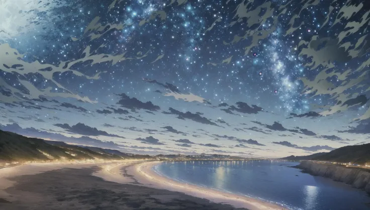 ((masterpiece:1.4,best quality)), outdoors, cliffed coast, white cliff, scenery, (sky:1.3),
(night:1.8),moon, high detail, 8k, blue moon reflection, ocean, caustic, high detail, wallpaper,
<lora:EpicSky:0.3>,