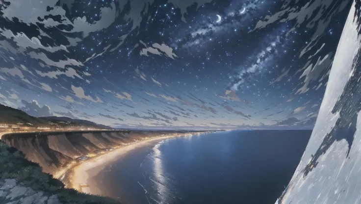 ((masterpiece:1.4,best quality)), outdoors, cliffed coast, white cliff, scenery, (sky:1.3),
(night:1.8),moon, high detail, 8k, blue moon reflection, ocean, caustic, high detail, wallpaper,
<lora:EpicSky:0.3>,